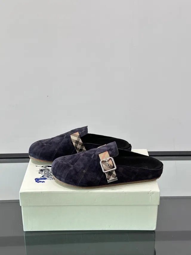 Burberry Navy Beige Quilted Suede-Like Upper Mule Silhouette Loafer