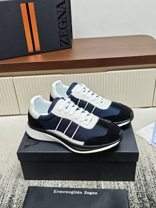 Zegna Navy Black Mixed-Material Upper Color Blocking Sneakers