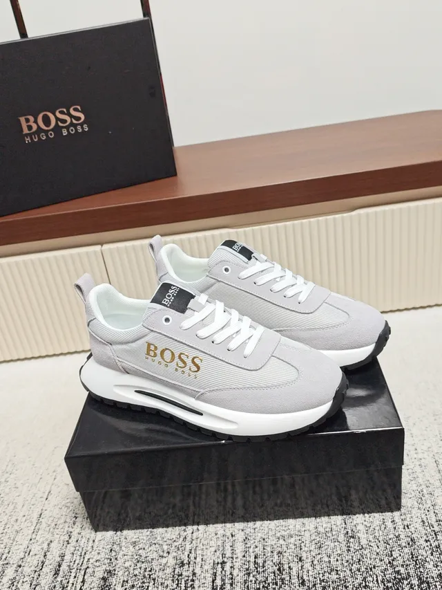 Hugo Boss Gray White Low-Top Mixed-Material Upper Sneakers