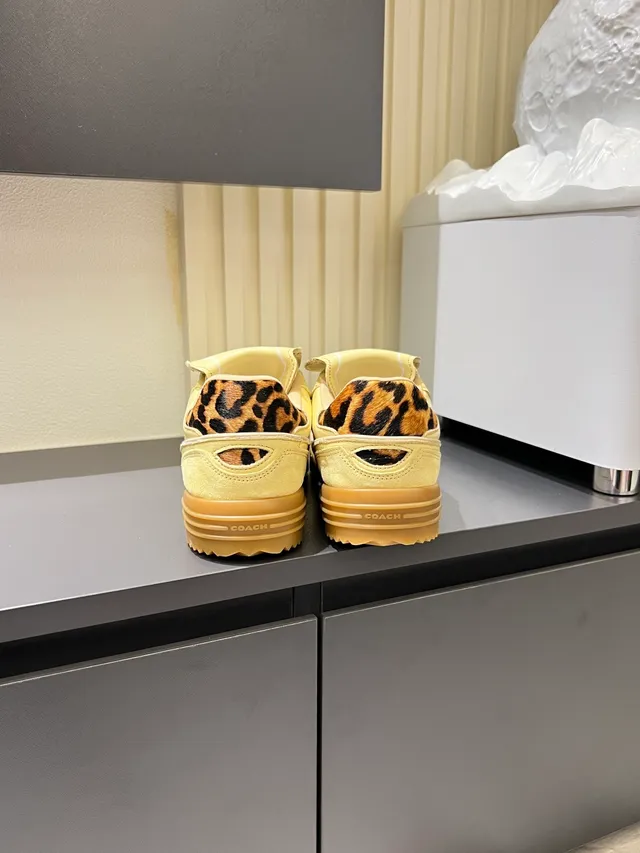 Coach Yellow Brown Low-Top Leopard-Print Heel Tab Sneakers