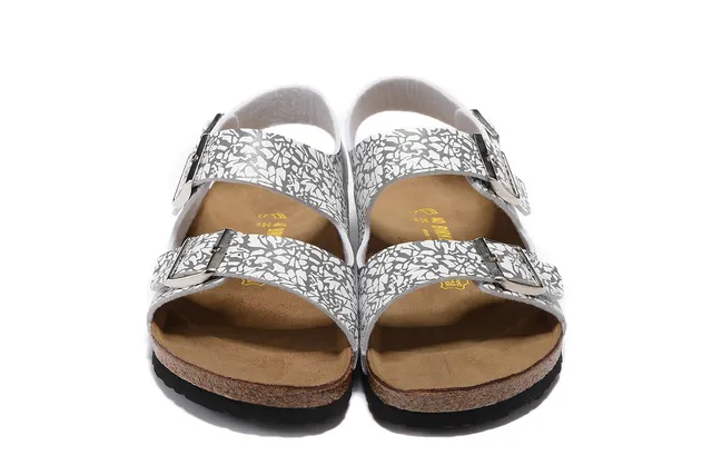 Birkenstock White Gray Two-Strap Buckle-Fastened Casual Sandals