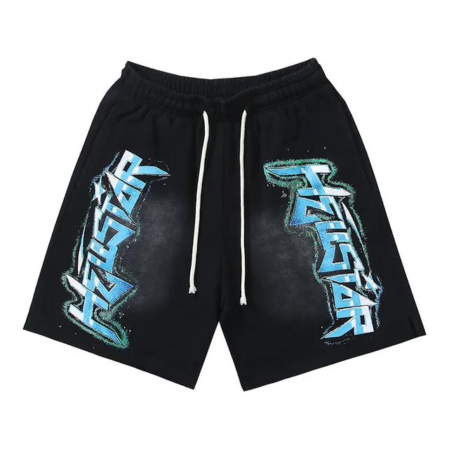 Black Graphic-Print Drawstring Waist Shorts