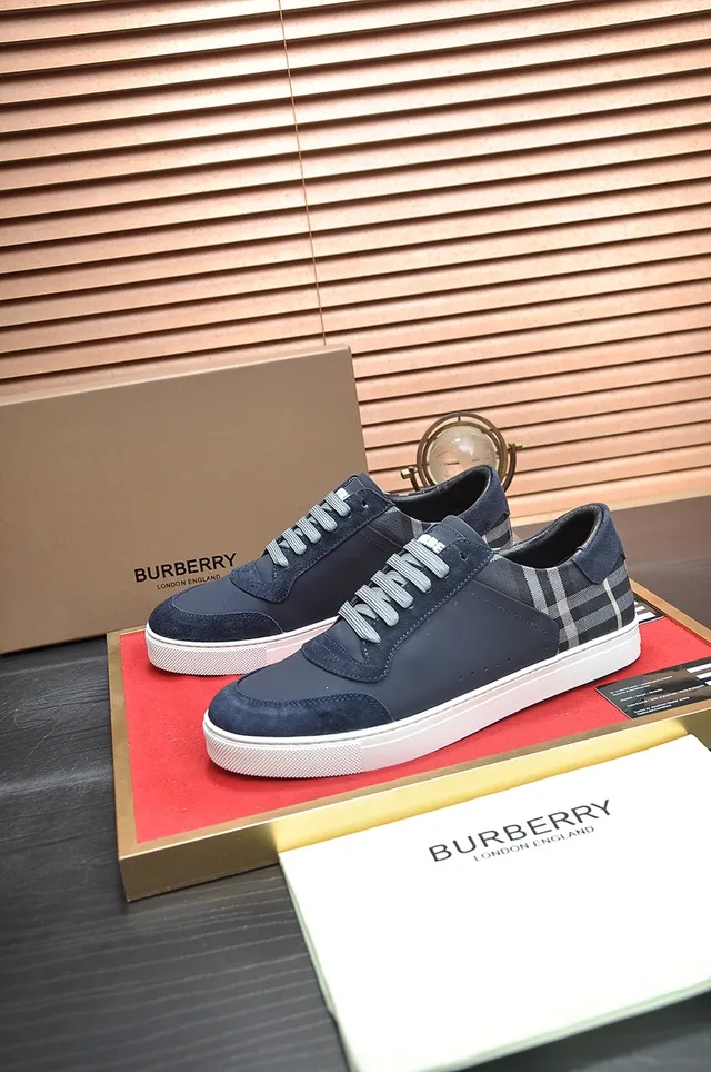 Burberry Navy White Suede And Leather Check Panel Lifestyle Sneakers