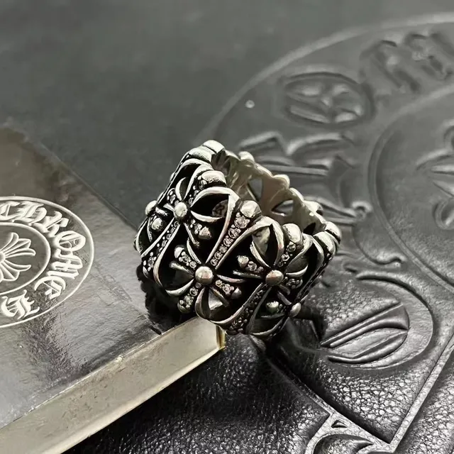 Chrome Hearts Floral Cross Pavé Oxidized Silver Ring