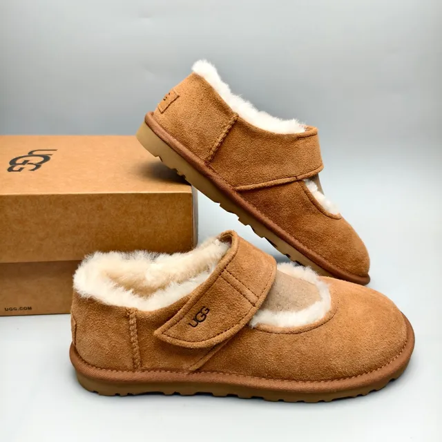 UGG Brown Beige Suede Upper Shearling-Lined Mary Jane Shoes