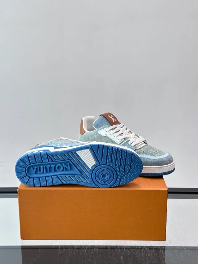 Louis Vuitton LV Trainer Blue Brown Monogram Jacquard Upper Layered White Cage Overlay Lifestyle Sneakers