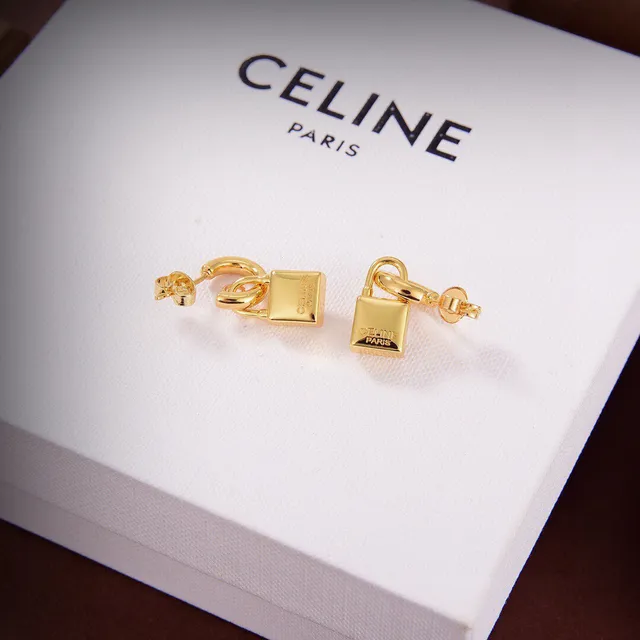 Celine Gold-Tone Lock-Shaped Square Crystal Earrings