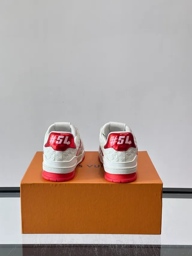 Louis Vuitton LV Trainer White Red Textured Grain Leather Perforated Detailing Lifestyle Sneakers