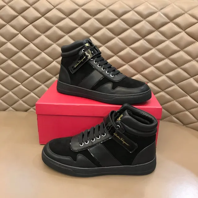 Salvatore Ferragamo High-Top Black Suede and Patent Leather Lifestyle Sneakers