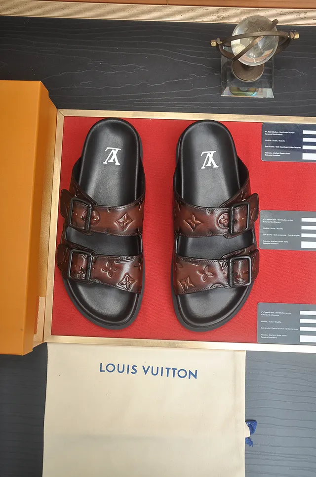 Louis Vuitton Monogram Embossed Brown and Black Double-Buckle Slide Casual Sandals