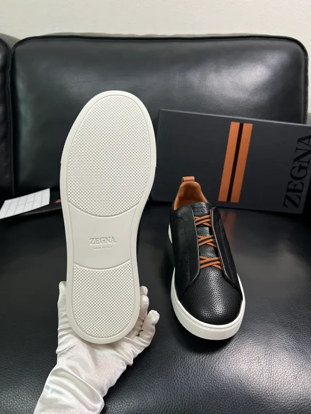 Zegna Black Pebbled Leather Slip-On Lifestyle Sneakers