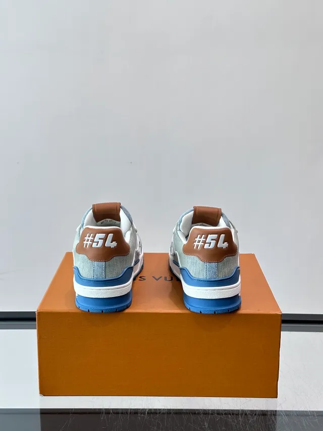 Louis Vuitton LV Trainer Blue Brown Monogram Jacquard Upper Layered White Cage Overlay Lifestyle Sneakers