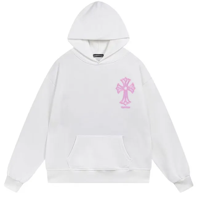 White Pink Oversized Fit Back-Embroidered Cross Motif Hoodie
