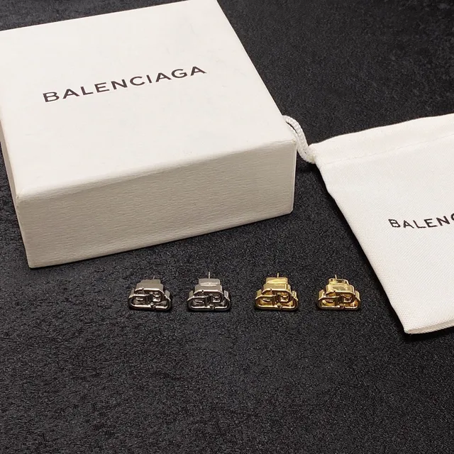 Balenciaga BB Gold Silver Interlocking Monogram Openwork Metal Earrings