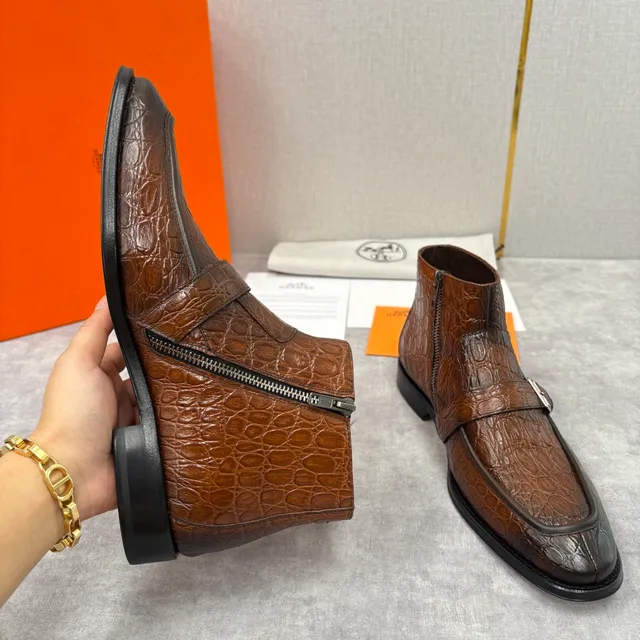 Hermès Brown Crocodile-Embossed Monk Strap Ankle Boots