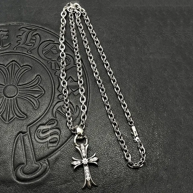 Chrome Hearts Silver Black Gothic Cross Pavé Crystal Necklace