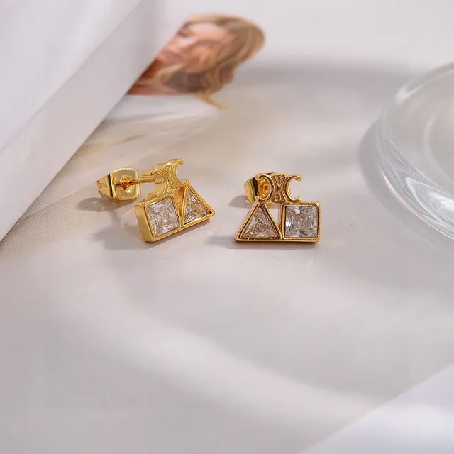 Celine Triomphe Geometric Crystal Gold-Tone Stud Earrings