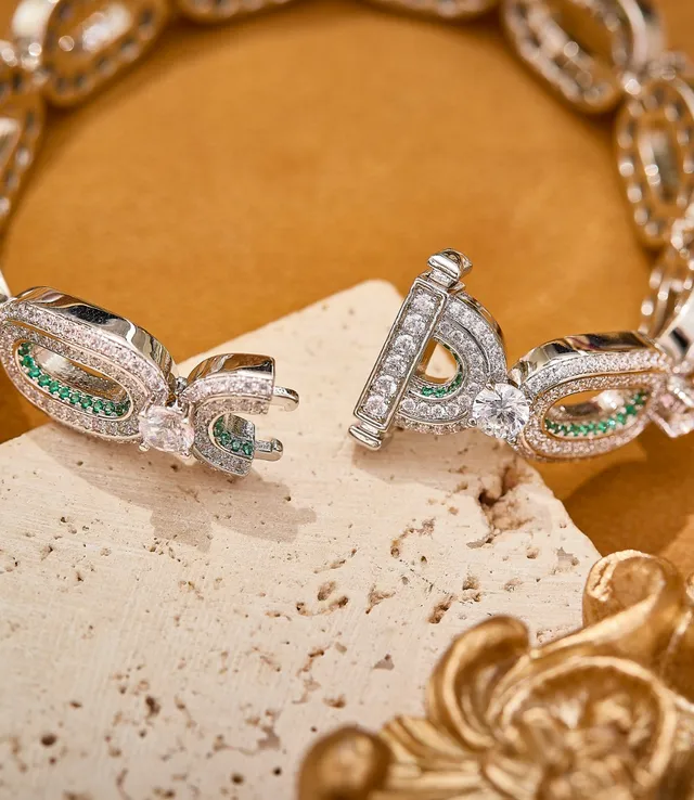 Silver-Tone Pavé and Emerald Green Linked Bracelet