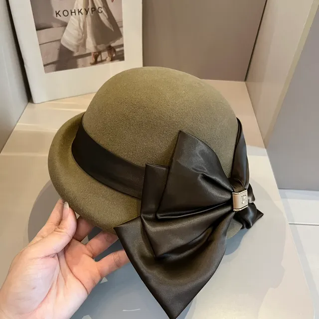Celine Beige Brown Felt Satin Ribbon Bow Beret