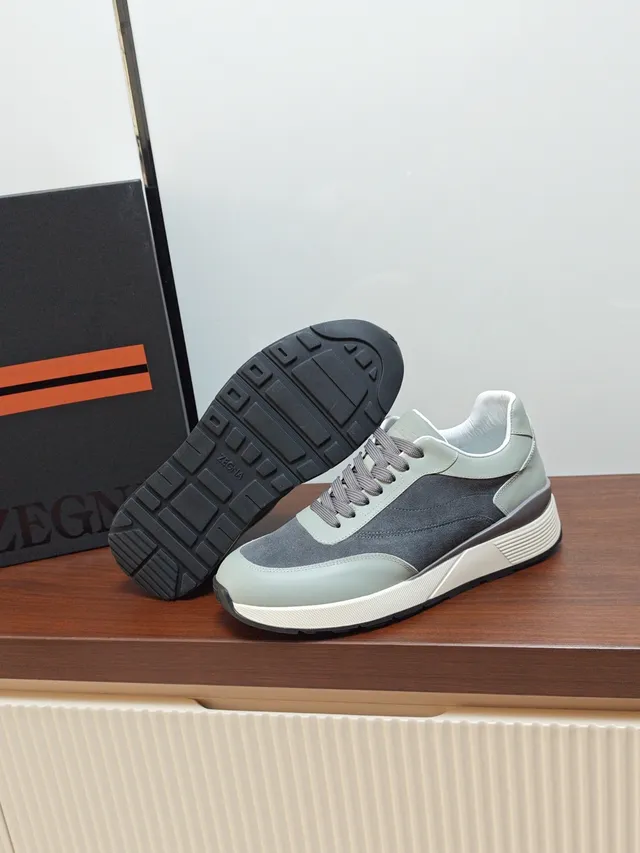 Zegna Gray Beige Mixed-Material Upper Sage Green And Charcoal Color Blocking Sneakers