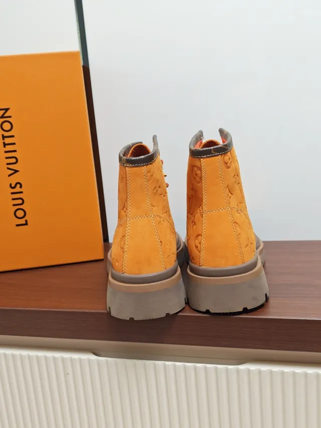 Louis Vuitton Orange Brown Monogram-Embossed Suede Lace-Up Combat-Style Work Boots