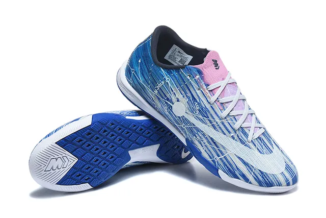 Nike Mercurial Blue White Low-Cut Synthetic Upper Graphic Wave-and-Circuit Print Indoor Soccer Shoes