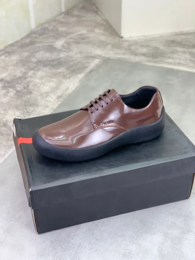 Prada Brown Black Glossy Patent Leather Thick Rubber Sole Oxford Shoes