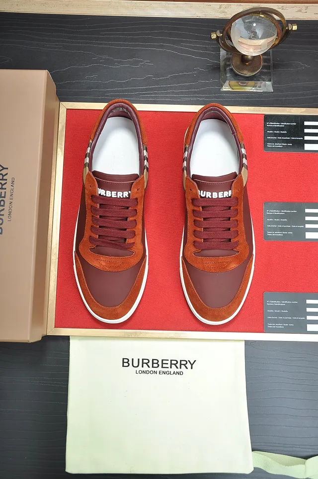 Burberry Burgundy Orange House Check Panel Color-Blocked Leather And Suede Lifestyle Sneakers