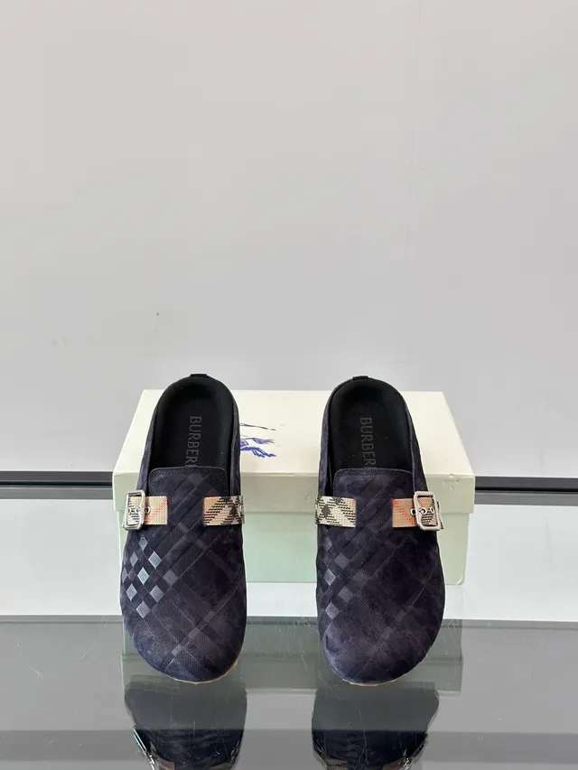 Burberry Navy Beige Quilted Suede-Like Upper Mule Silhouette Loafer