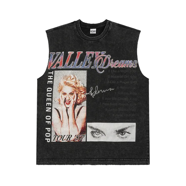 Black and Maroon Graphic-Print Distressed Sleeveless Vest Top