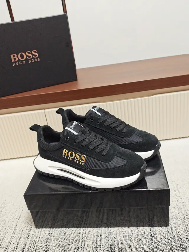 Hugo Boss Black White Suede And Mesh Upper Gold Metallic Logo Sneakers