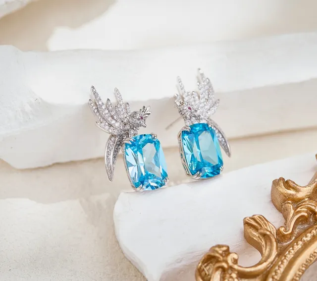Bird-Wing Motif Pavé-Set Cushion-Cut Blue Gemstone Earrings
