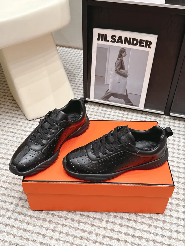 Jil Sander Black Perforated Leather Minimalist Sneakers