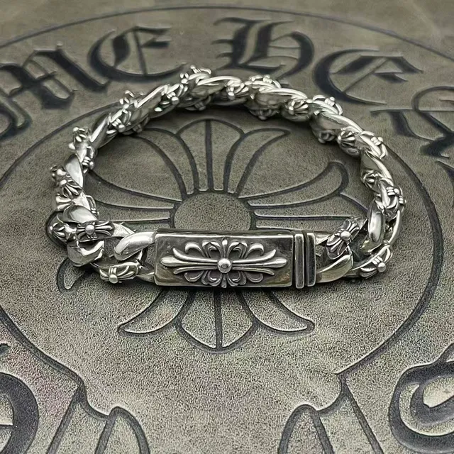 Chrome Hearts Curb Chain Bracelet Silver Heavy Floral Cross Motif Bracelets