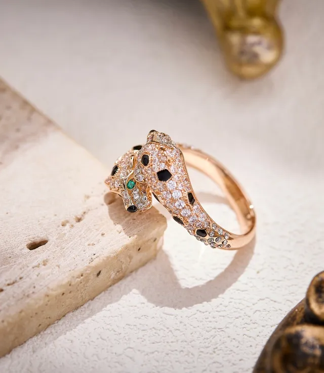 Cartier Panthère Double Panther Head Pavé Diamond Onyx Emerald Ring