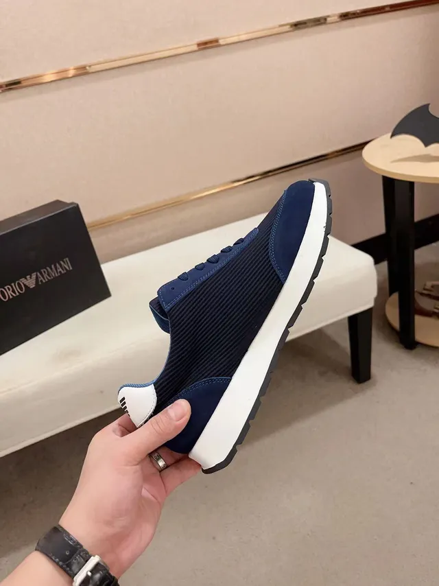 Armani Exchange Navy Blue Ribbed Knit and Suede Lifestyle Sneaker
