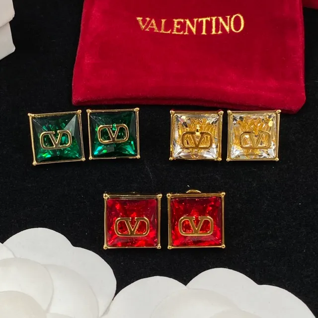Valentino VLTN Red Gold Square-Cut Faceted Stones Logo Earrings