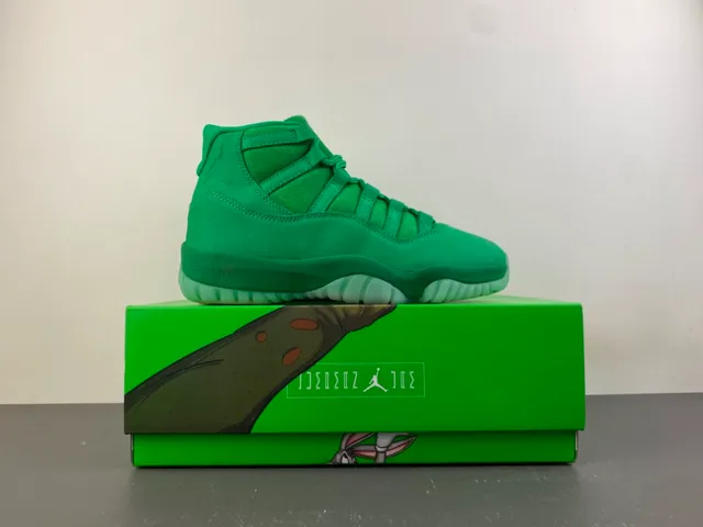 Air Jordan 11 Monochromatic Green Suede Basketball Shoes
