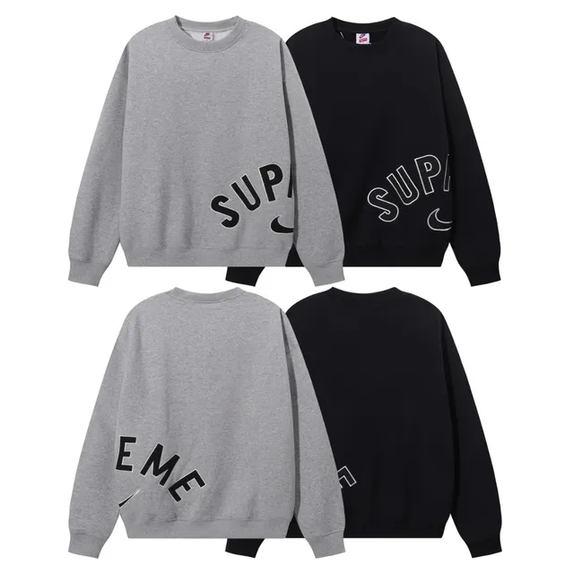 Supreme Arched Logo Gray Black Crewneck Sweatshirt Elastic-Cuff Joggers Tracksuit