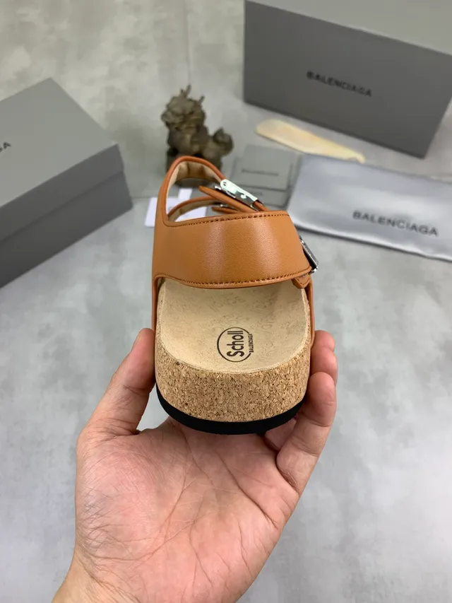 Balenciaga Triple Buckle Tan Leather Casual Sandals