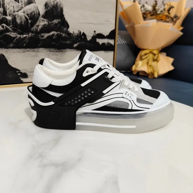 Dolce & Gabbana White Black Mixed-Material Upper Translucent Sole Sneakers
