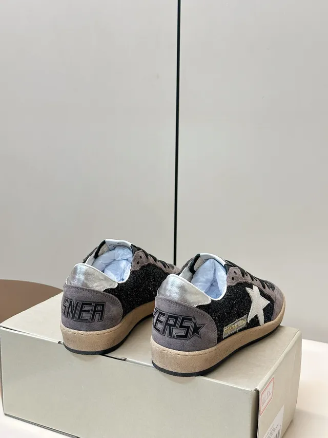 Golden Goose Ball Star Black Glitter and Gray Suede Lifestyle Sneakers