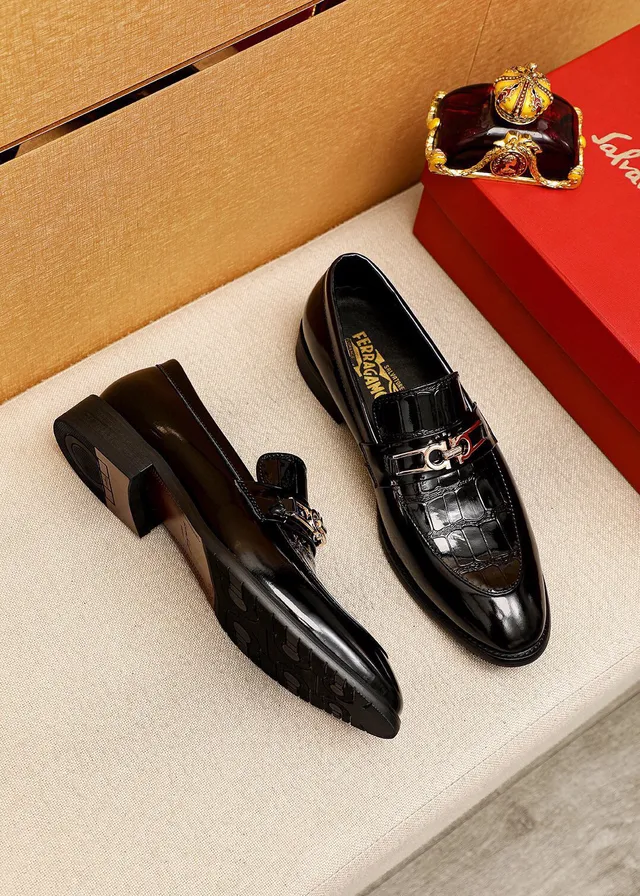 Salvatore Ferragamo Gancini Loafer Black Patent Croc-Embossed Loafers