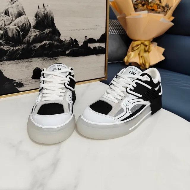 Dolce & Gabbana White Black Mixed-Material Upper Translucent Sole Sneakers