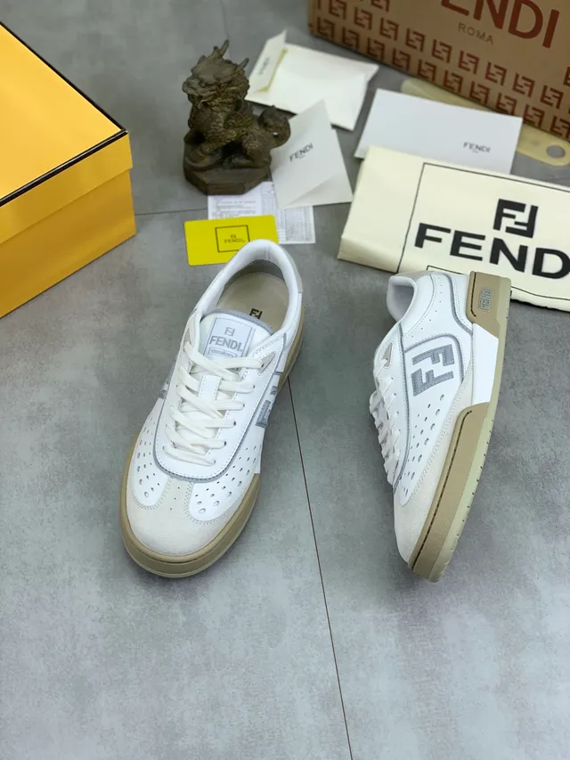 Fendi FF Sneaker White Beige Perforated Leather Lifestyle Sneaker