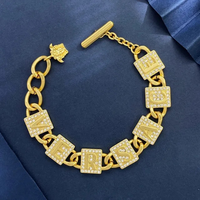 Versace Chain Reaction Gold Silver Curb Crystal-Embellished Letter Charms Necklace