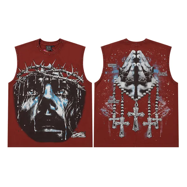 SAINT-SINNER Burgundy Black Graphic-Print Studded Shoulders Vest Top