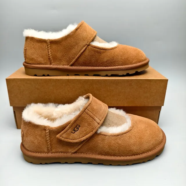 UGG Brown Beige Suede Upper Shearling-Lined Mary Jane Shoes