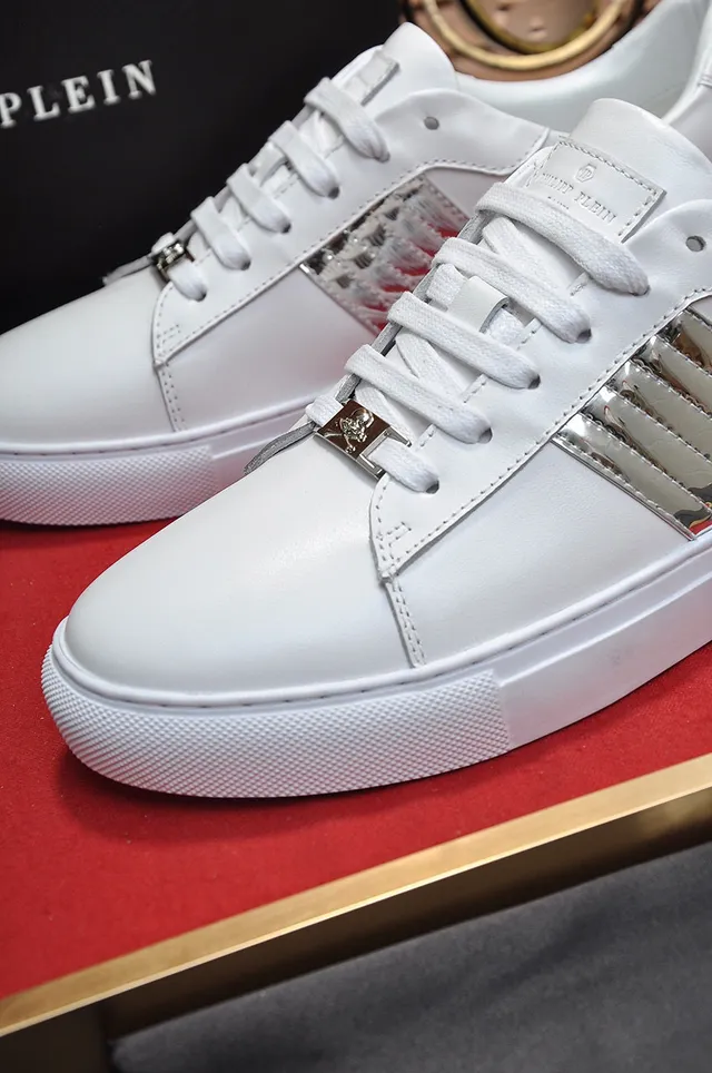 Philipp Plein White Silver Leather Upper Metallic Snakeskin Stripes Sneakers