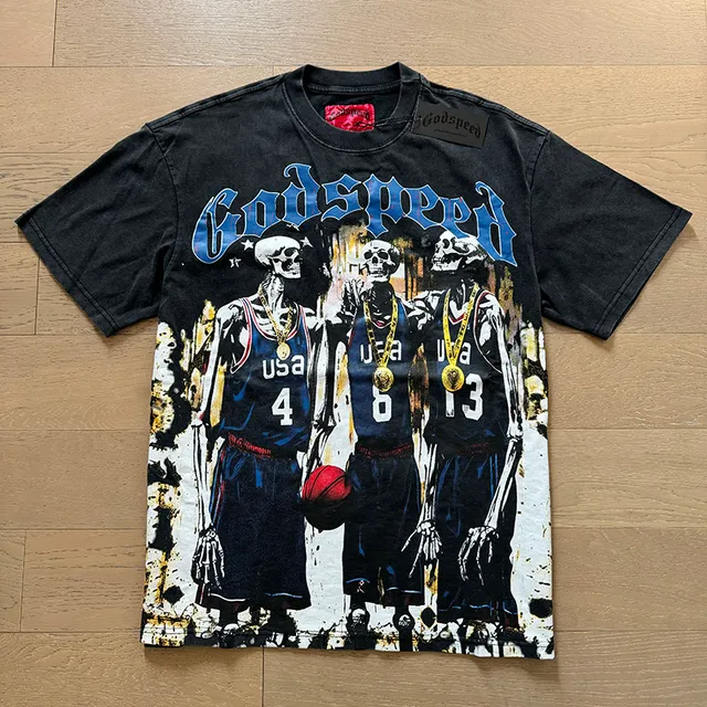 Godspeed Skeleton Basketball Graphic Print Black T-Shirt